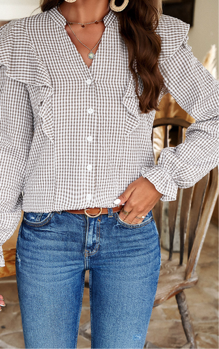 Brown Plaid Flounce Sleeve Notched Neck Ruffled Shirt