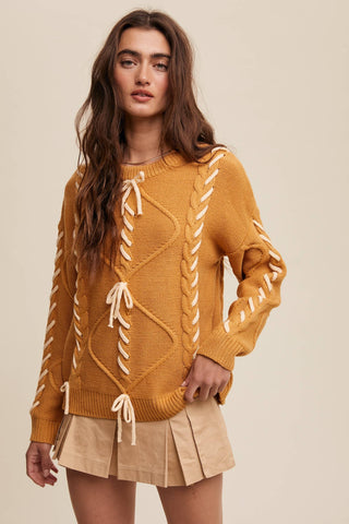 Sheer Trend - Ribbon Laced Cable Knit Sweater