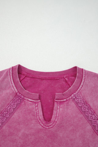 Jungle Green Lace Applique Notched Neck Mineral Wash Baggy Sweatshirt