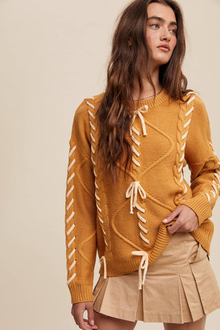 Sheer Trend - Ribbon Laced Cable Knit Sweater