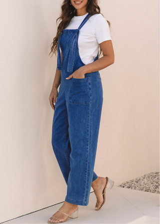 Prussian Blue Mineral Wash Knotted Strap Patched Pocket Wide Leg Denim Overall