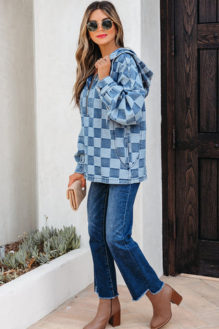 Sky Blue Checkerboard Zipped Neck Kangaroo Pocket Denim Hoodie