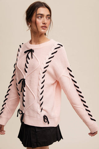 Sheer Trend - Ribbon Laced Cable Knit Sweater