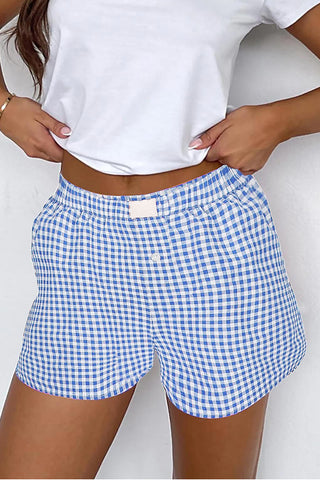 Blue Plaid Gingham Printed High Waist Shorts