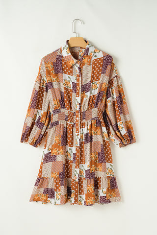 Orange Boho Floral Puff Sleeve Smocked Waist Mini Shirt Dress