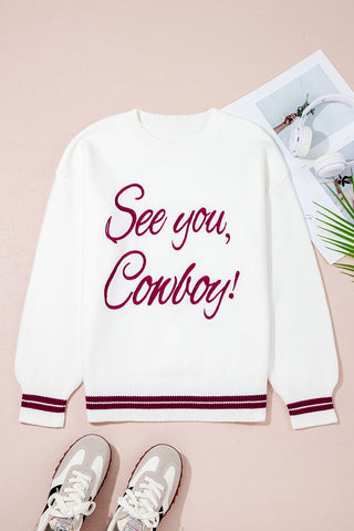 Coffee See You Cowboy Embroidered Western Graphic Sweater