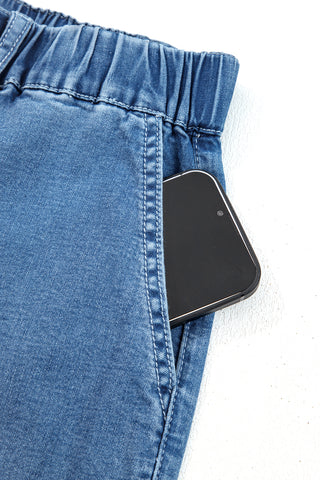 Sail Blue Plus Size Elastic Waist Ruffled Wide Leg Denim Pants