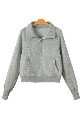 Gray Fleece Lined Zip Up Stand Collar Thumbhole Sleeve Sweatshirt