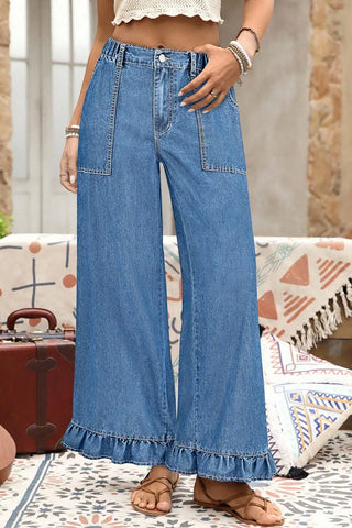 Sail Blue Plus Size Elastic Waist Ruffled Wide Leg Denim Pants