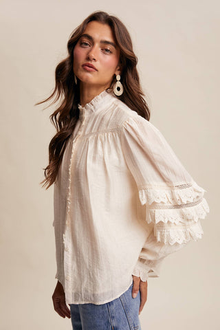 Listicle - Lace Ruffle Sleeve Pintuck Blouse LT1441