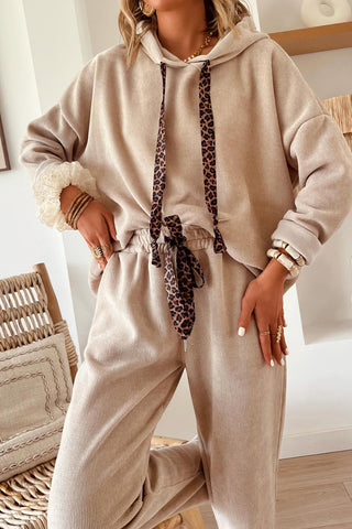 Parchment Drawstring Pullover Hoodie and High Waist Pants Corduroy Suit