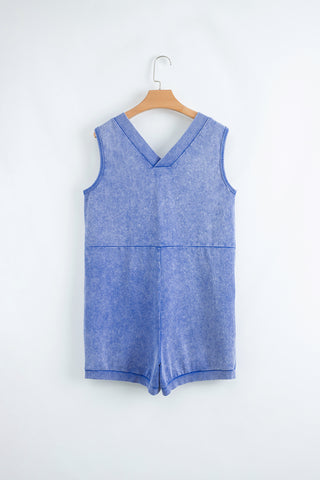 Sky Blue Mineral Wash Pocketed Sleeveless V Neck Loose Romper