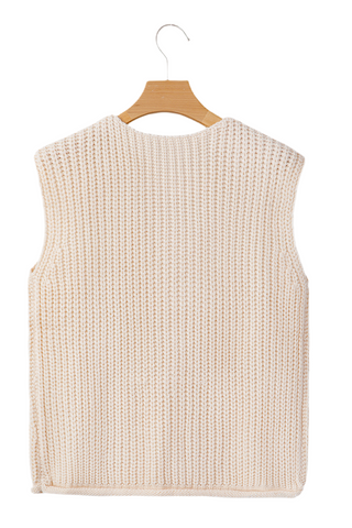 White Solid Textured Knit Side Pockets Buttoned Sweater Vest