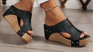 Black Studded PU Leather Wedge Slippers