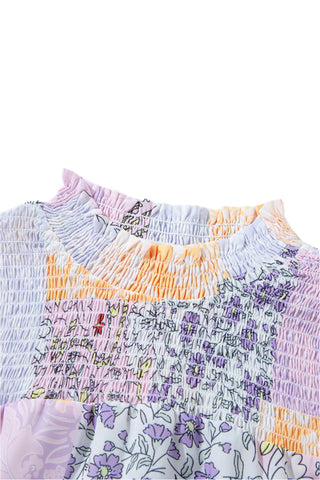 Multicolour Floral Smocked Mock Neck Ruffled Tiered Bubble Sleeve Dress