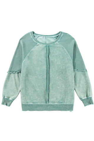 Mineral Blue Solid Waffle Knit Patchwork Raglan Sleeve Sweatshirt