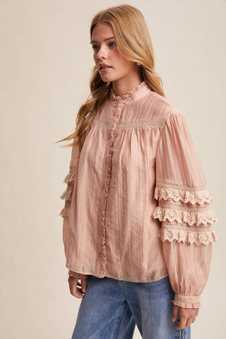 Listicle - Lace Ruffle Sleeve Pintuck Blouse LT1441