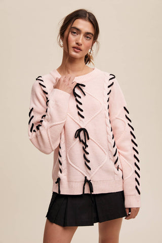 Sheer Trend - Ribbon Laced Cable Knit Sweater