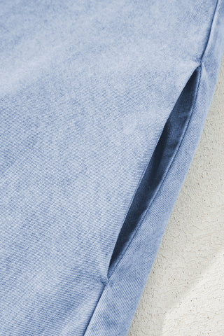 Beau Blue Double Ruffled Sleeves Buttoned A-line Collared Mini Denim Dress