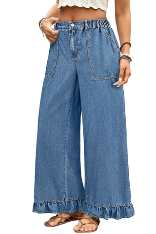 Sail Blue Plus Size Elastic Waist Ruffled Wide Leg Denim Pants