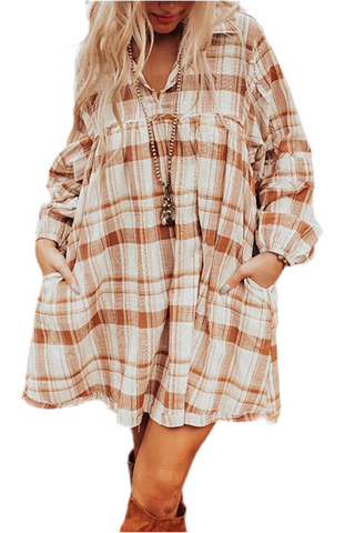Brown Plaid Print Side Pockets Frilled Babydoll Mini Dress