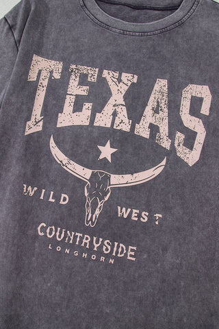 Medium Grey TEXAS Steer Head Graphic Mineral Wash Oversized T Shirt