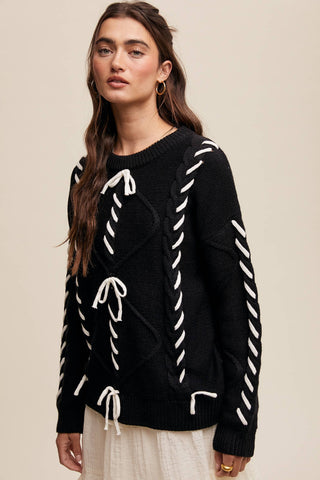 Sheer Trend - Ribbon Laced Cable Knit Sweater