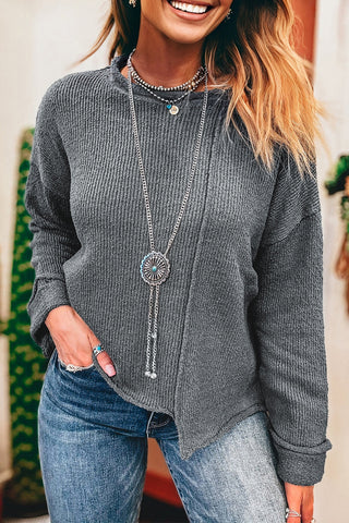 Medium Grey Raw Edge Uneven Hem Patchwork Drop Shoulder Sweater