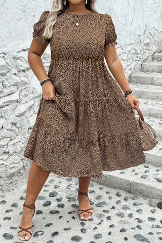 Brown Plus Size Leopard Print Frill Trim Short Sleeve Flared Dress
