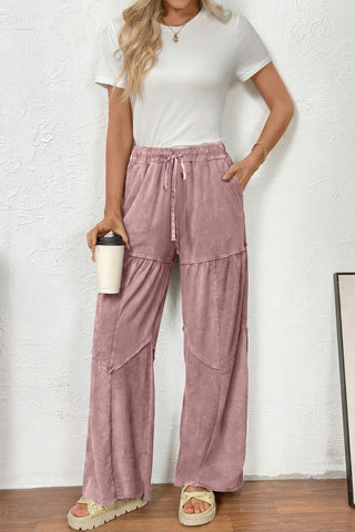 Straw Yellow Mineral Wash Tiered Wide Leg Patchwork Drawstring Pants