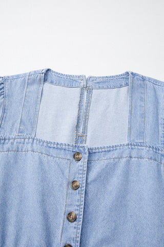 Beau Blue Denim Button Detail Babydoll Square Neck Mini Dress
