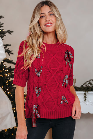 Black Plaid Lace up Detail Christmas Holiday Puff Short Sleeve Sweater