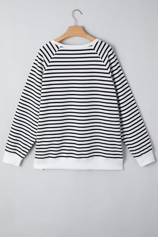 Black Stripe Raglan Sleeve Side Slits Loose Sweatshirt