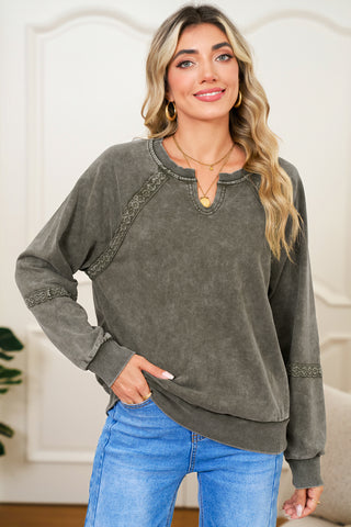 Jungle Green Lace Applique Notched Neck Mineral Wash Baggy Sweatshirt