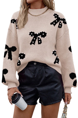 Blackish Green Pearl Embellished Bow Pattern Loose Sweater