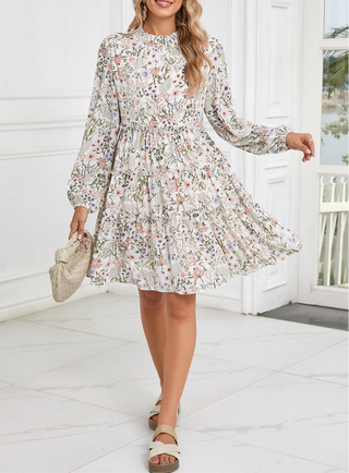 Green Floral Print Tiered Frilled Shirred Mock Neck Mini Dress