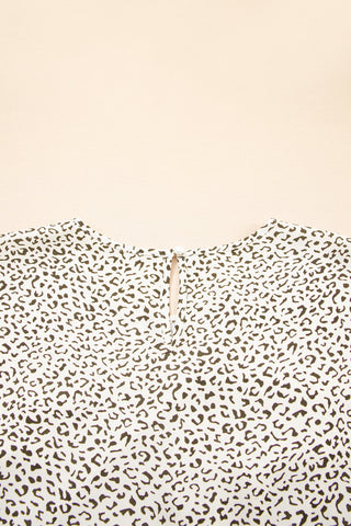 Beige Plus Size Leopard Print Frill Trim Short Sleeve Flared Dress