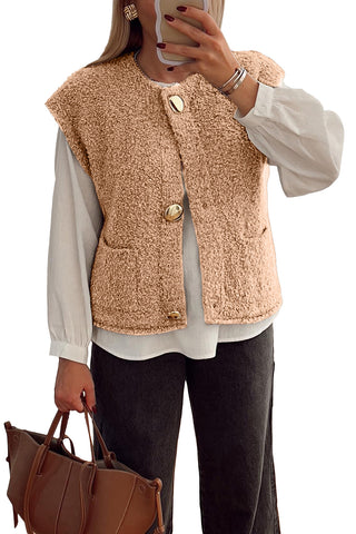 Light French Beige Big Button Accent Fuzzy Pocket Vest