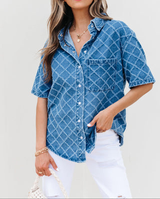 Dusk Blue Checkered Textured Short Sleeve Patched Pocket Denim Shirt