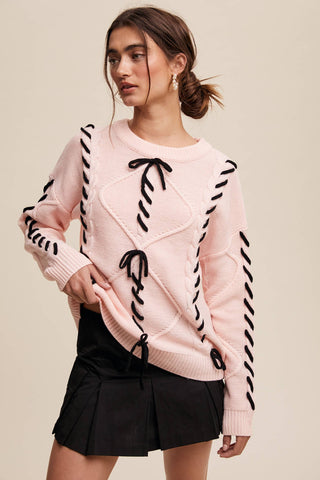 Sheer Trend - Ribbon Laced Cable Knit Sweater