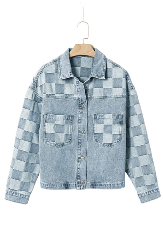 Checker Patchwork Denim Buttoned Jacket
