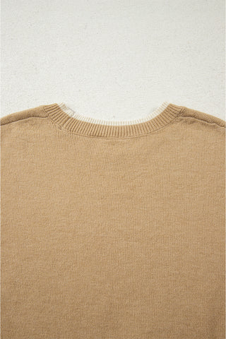 Tan Leopard Bow Decor Split Cuff Contrast Trim Sweater