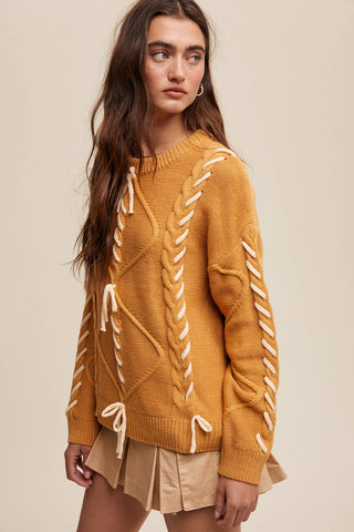 Sheer Trend - Ribbon Laced Cable Knit Sweater