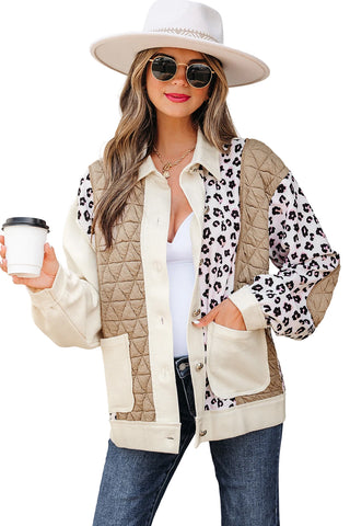 Khaki Leopard Waffle Quilted Patchwork Button Front Jacket