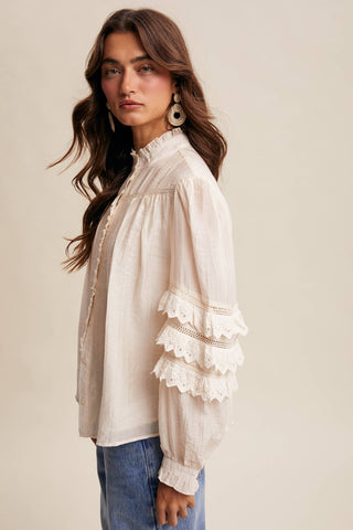 Listicle - Lace Ruffle Sleeve Pintuck Blouse LT1441