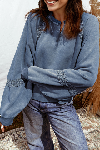 Jungle Green Lace Applique Notched Neck Mineral Wash Baggy Sweatshirt