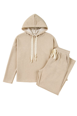 Parchment Drawstring Pullover Hoodie and High Waist Pants Corduroy Suit