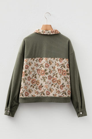 Sage Green Ribbed Retro Floral Patchwork Shirt Style Jacket