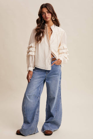 Listicle - Lace Ruffle Sleeve Pintuck Blouse LT1441