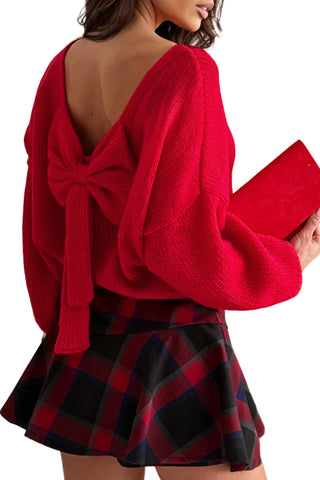 Bonbon Festive Bow Backless Bubble Sleeve Sweater